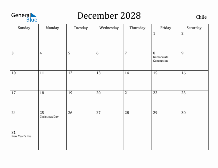 December 2028 Calendar Chile