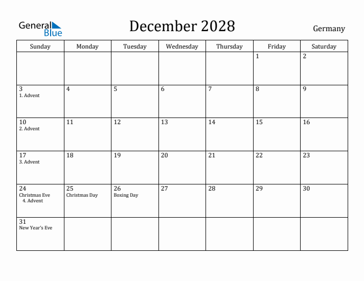 December 2028 Calendar Germany