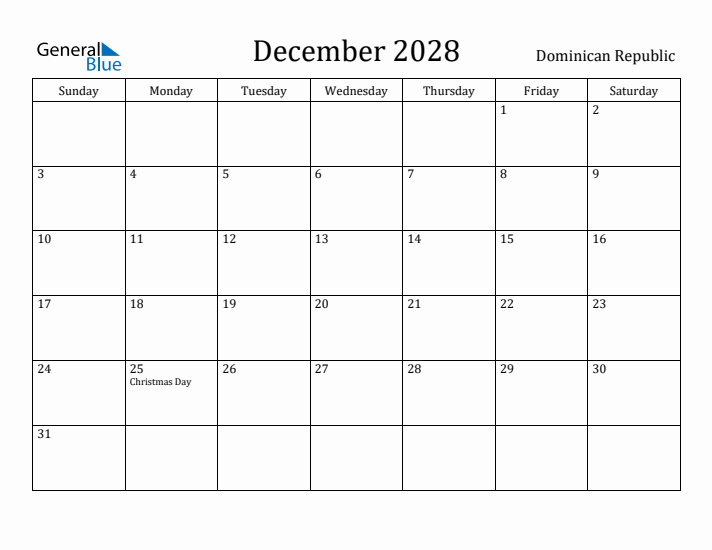 December 2028 Calendar Dominican Republic