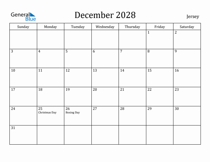 December 2028 Calendar Jersey