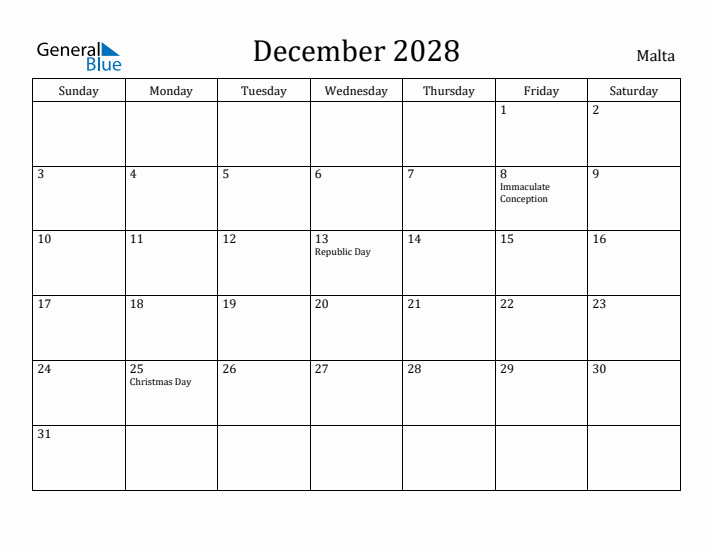 December 2028 Calendar Malta