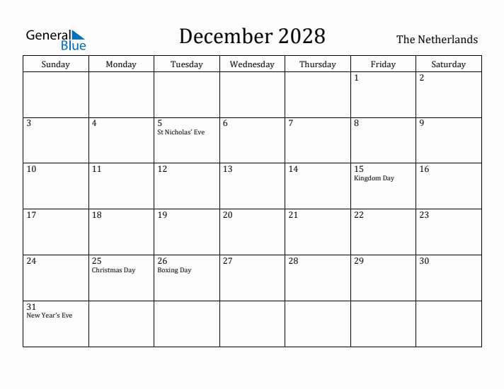 December 2028 Calendar The Netherlands