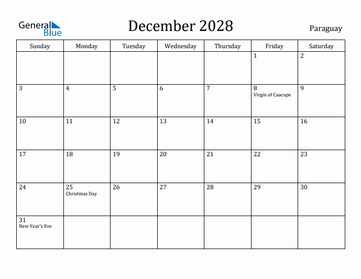 December 2028 Calendar Paraguay