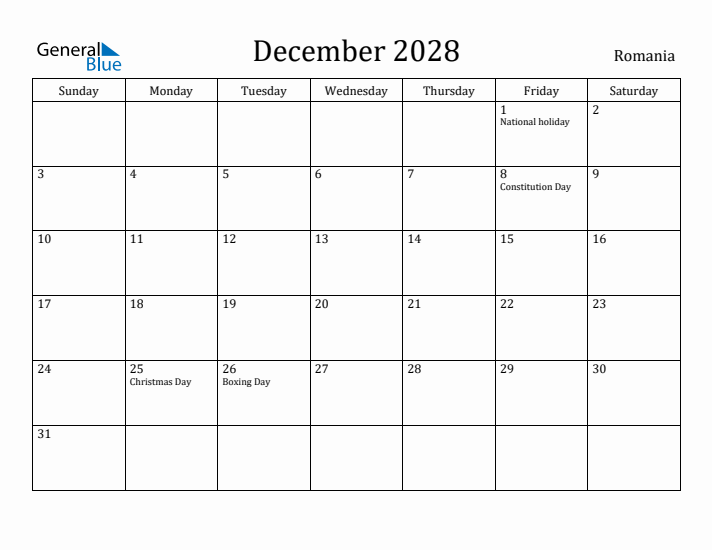 December 2028 Calendar Romania