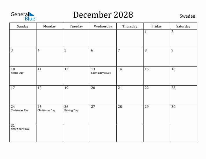 December 2028 Calendar Sweden