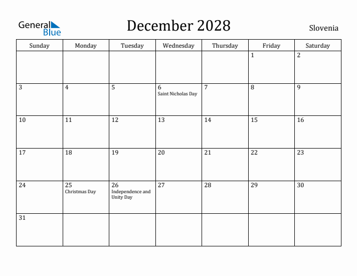 December 2028 Calendar Slovenia