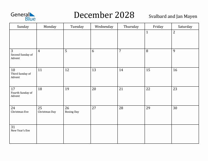 December 2028 Calendar Svalbard and Jan Mayen