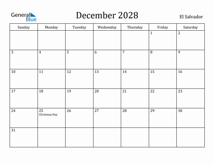 December 2028 Calendar El Salvador