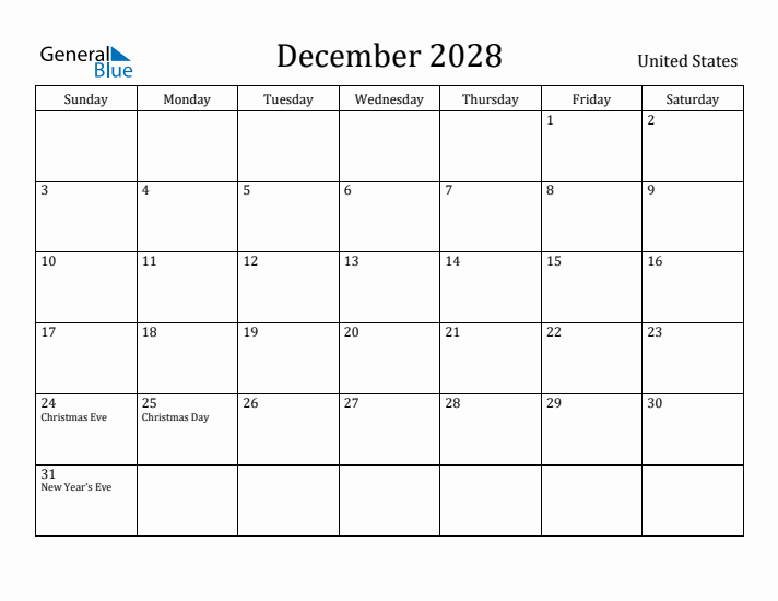 December 2028 Calendar United States