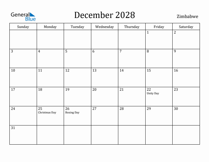 December 2028 Calendar Zimbabwe