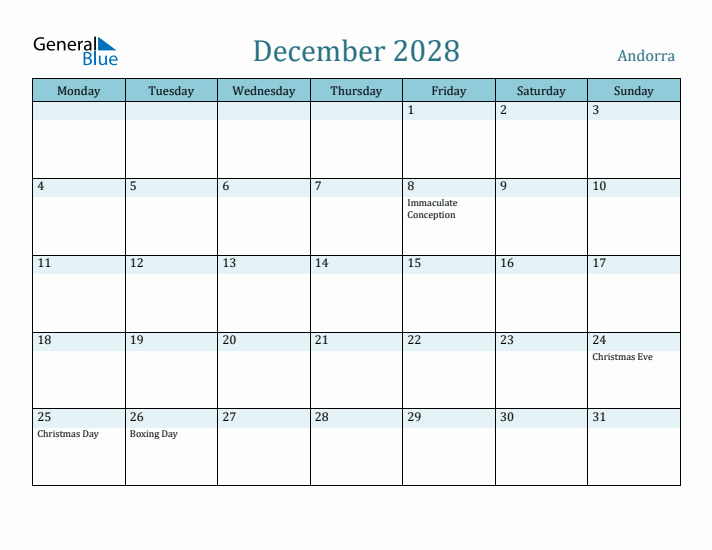 December 2028 Calendar with Holidays