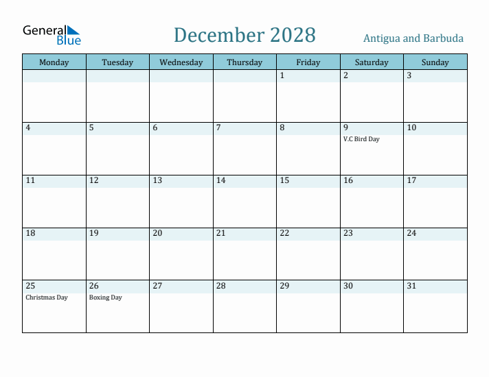 December 2028 Calendar with Holidays