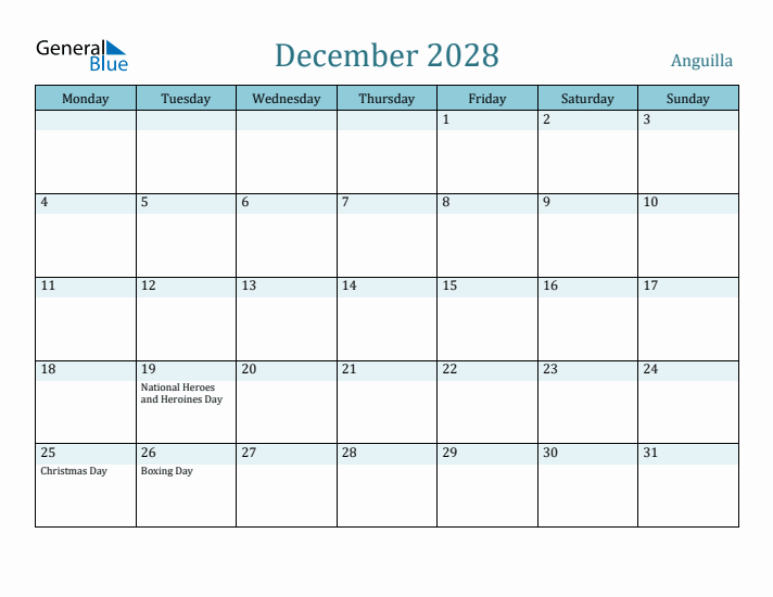 December 2028 Calendar with Holidays