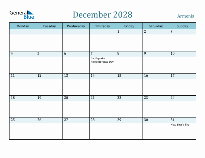 December 2028 Calendar with Holidays