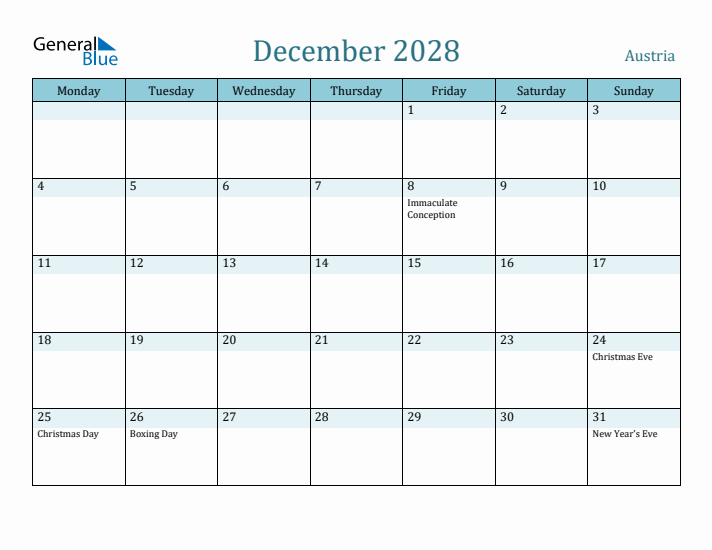 December 2028 Calendar with Holidays