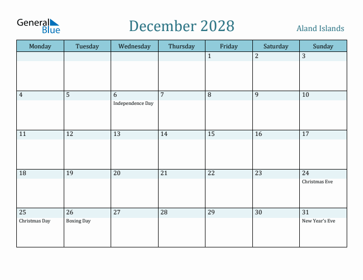 December 2028 Calendar with Holidays