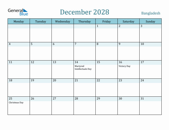 December 2028 Calendar with Holidays