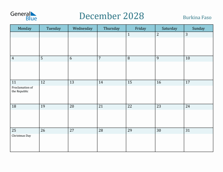 December 2028 Calendar with Holidays