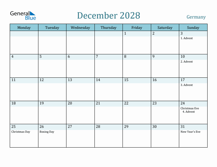 December 2028 Calendar with Holidays