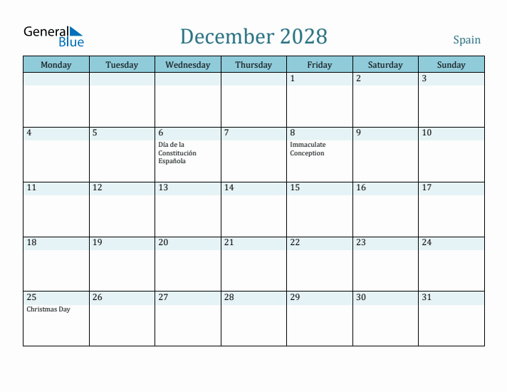 December 2028 Calendar with Holidays