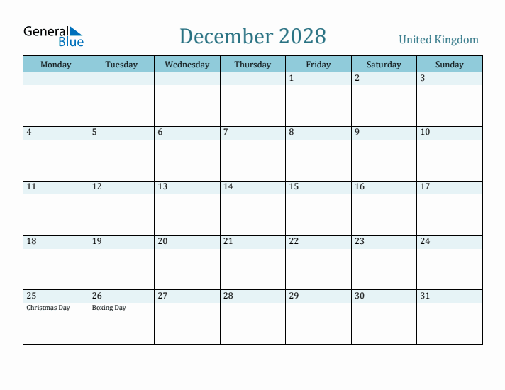 December 2028 Calendar with Holidays