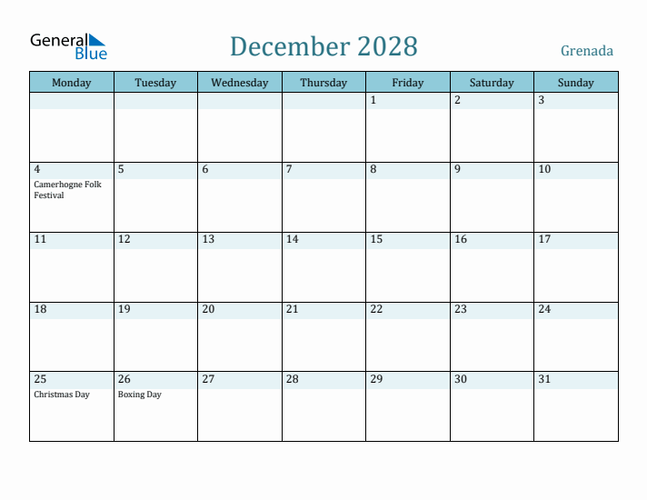 December 2028 Calendar with Holidays