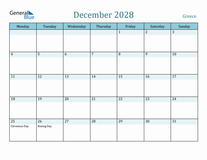 December 2028 Calendar with Holidays