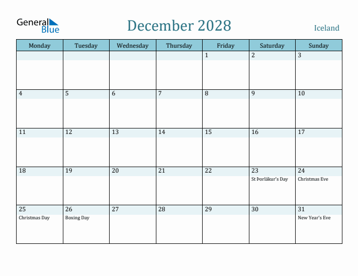 December 2028 Calendar with Holidays