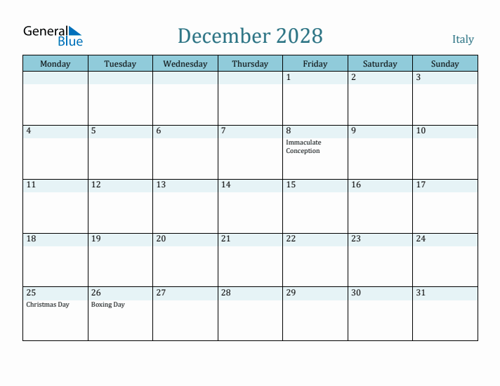 December 2028 Calendar with Holidays