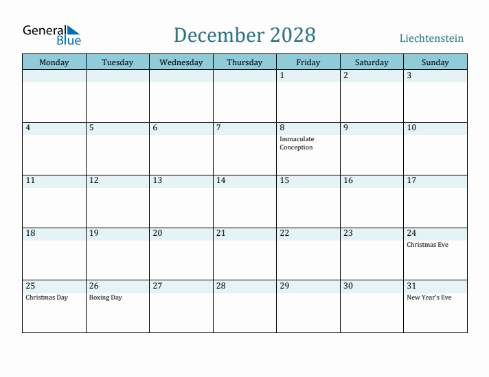 December 2028 Calendar with Holidays