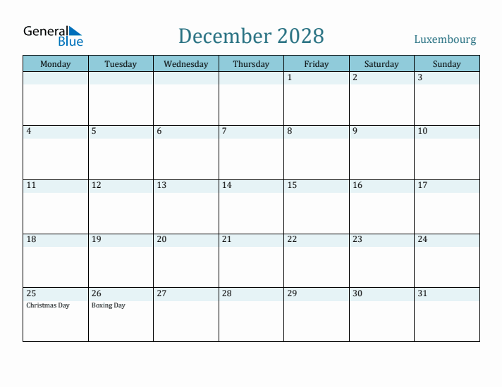 December 2028 Calendar with Holidays