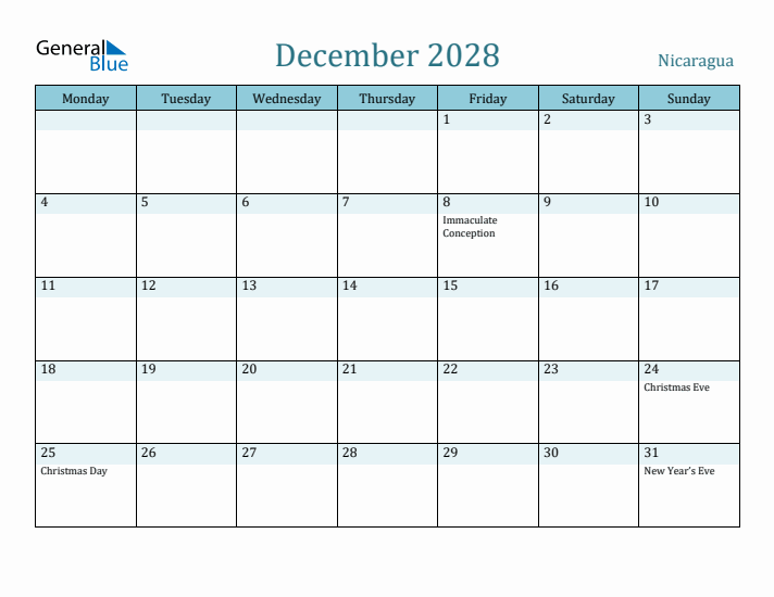 December 2028 Calendar with Holidays