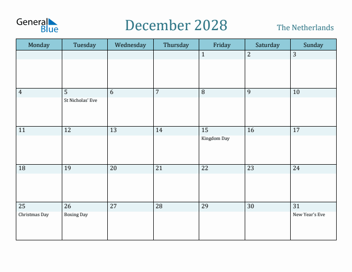 December 2028 Calendar with Holidays