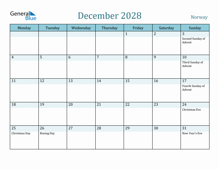 December 2028 Calendar with Holidays