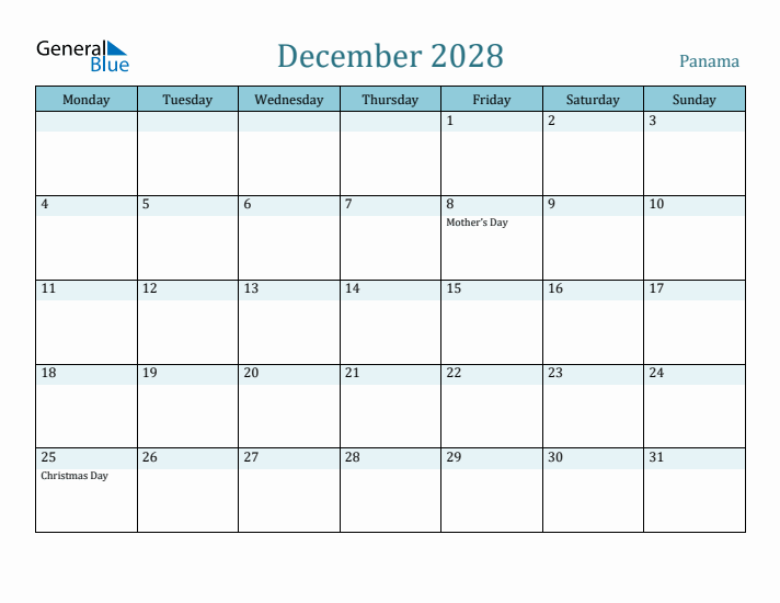 December 2028 Calendar with Holidays