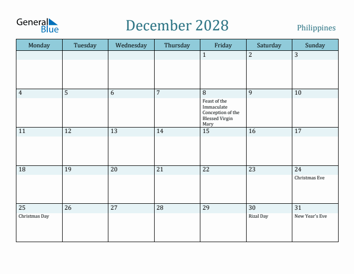 December 2028 Calendar with Holidays