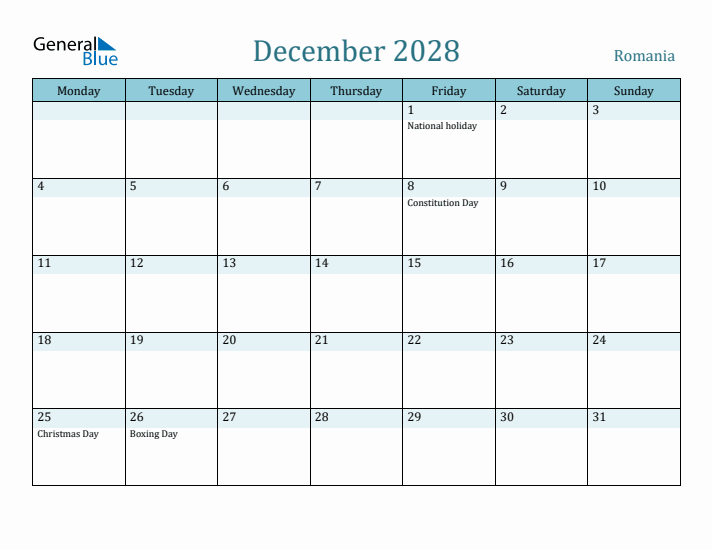 December 2028 Calendar with Holidays