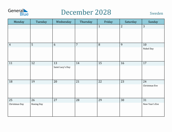 December 2028 Calendar with Holidays