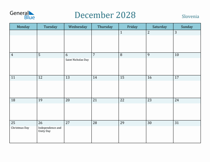 December 2028 Calendar with Holidays