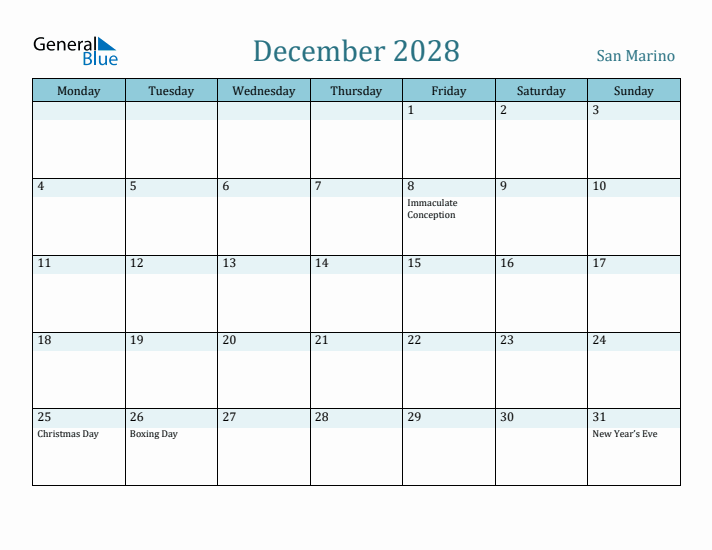 December 2028 Calendar with Holidays