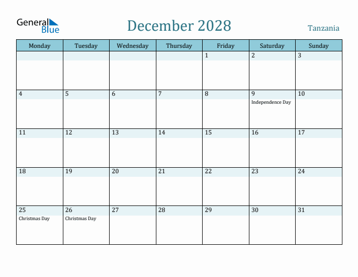 December 2028 Calendar with Holidays