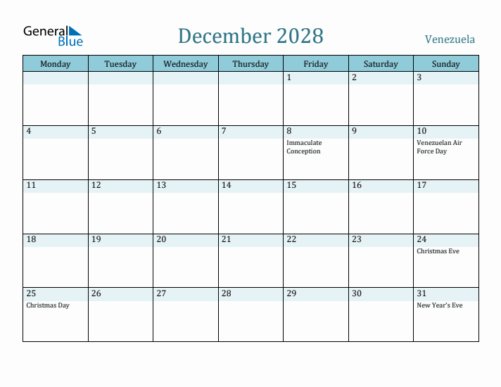 December 2028 Calendar with Holidays