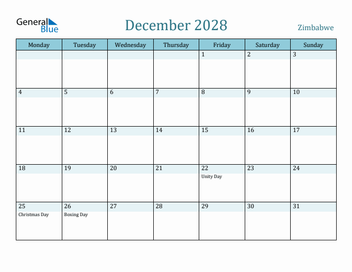 December 2028 Calendar with Holidays