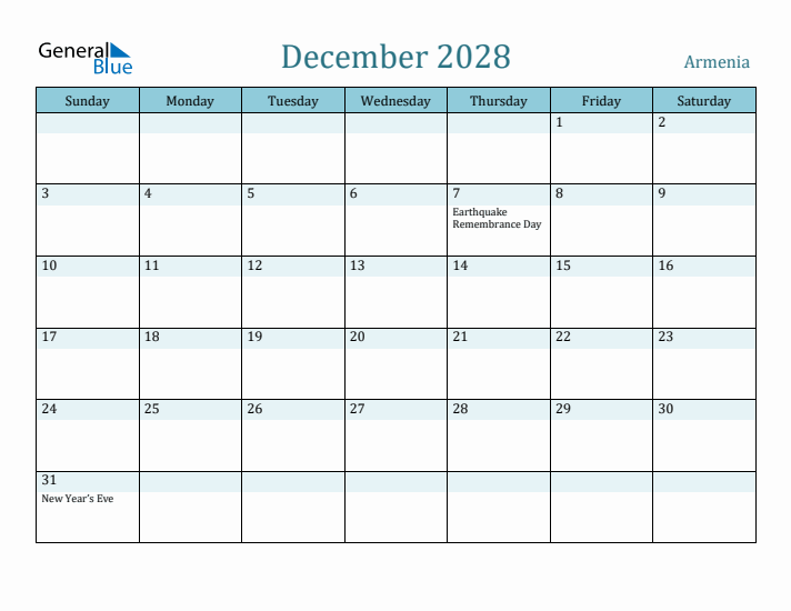 December 2028 Calendar with Holidays