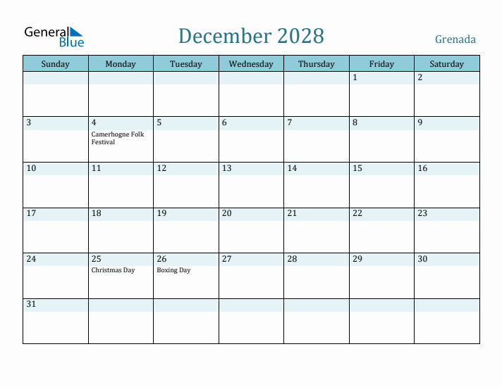 December 2028 Calendar with Holidays