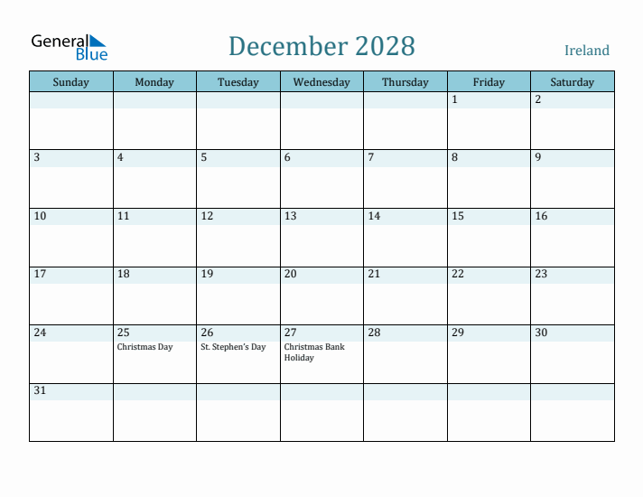 December 2028 Calendar with Holidays