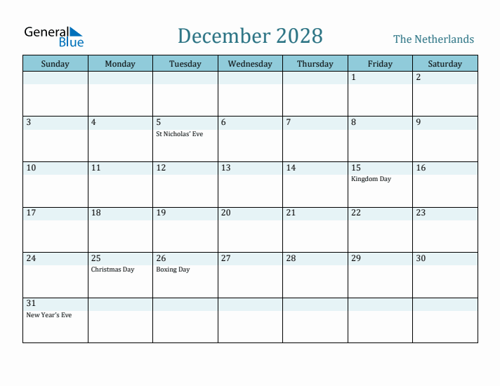 December 2028 Calendar with Holidays