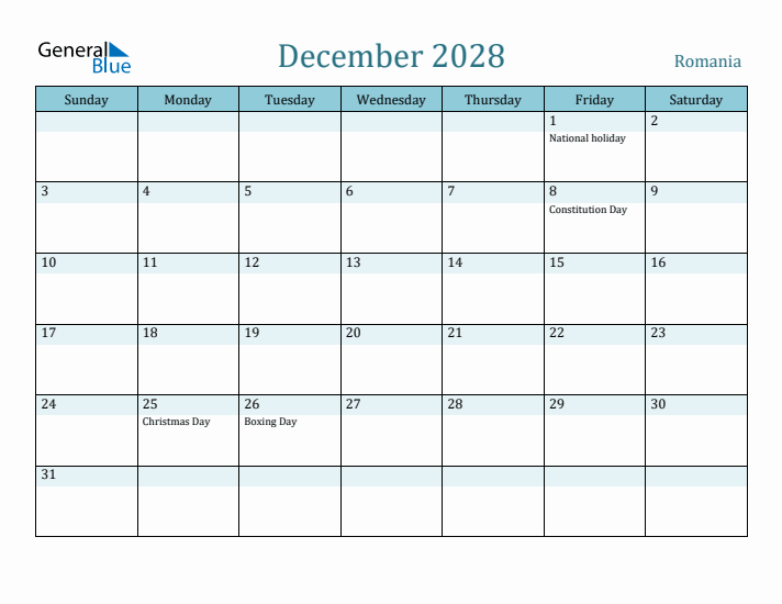 December 2028 Calendar with Holidays