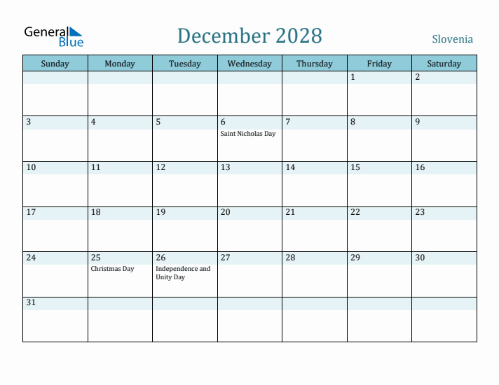 December 2028 Calendar with Holidays