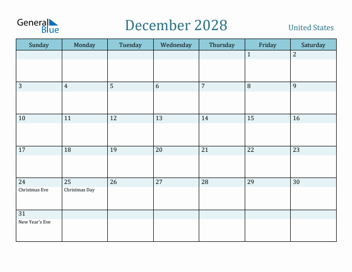 December 2028 Calendar with Holidays